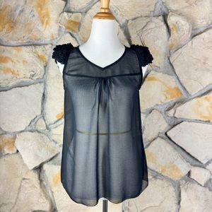 Maje Ruffled Cap Sleeve Sheer Top Black | 1